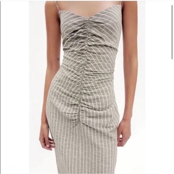 ZARA Striped Rustic Ruched Front Midi Dress - Picture 6 of 6